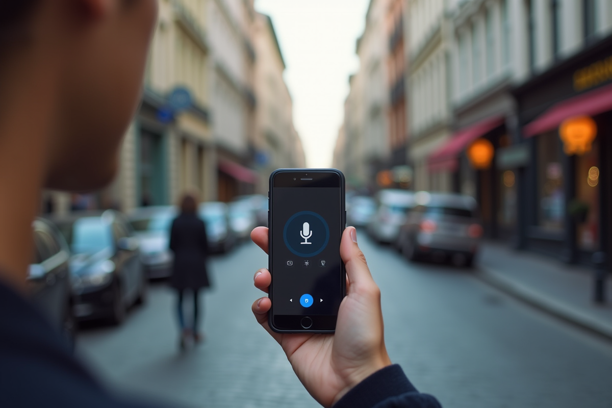 Main tenant un smartphone avec recherche vocale en ville