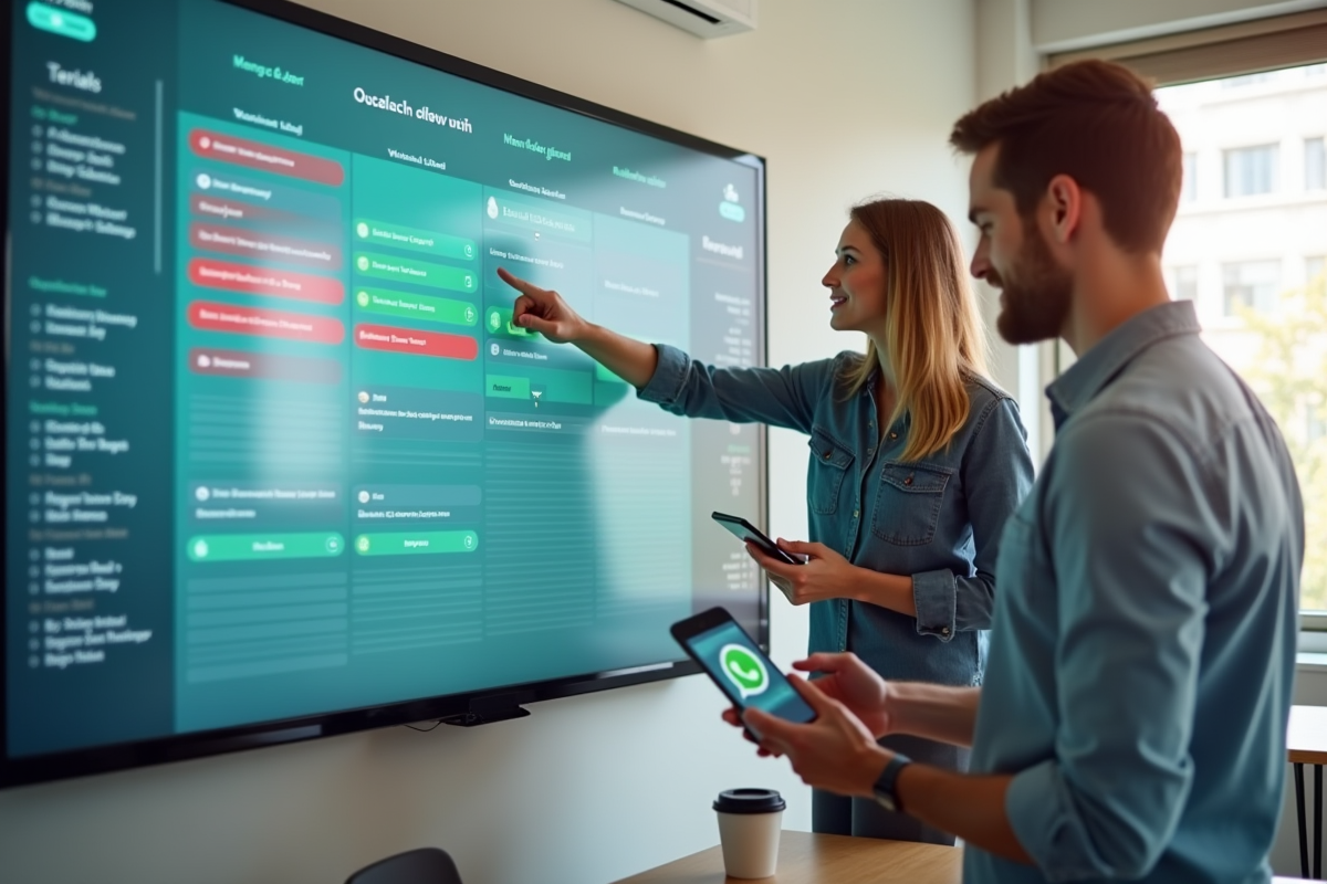 Deux personnes collaborant avec calendrier digital et téléphone