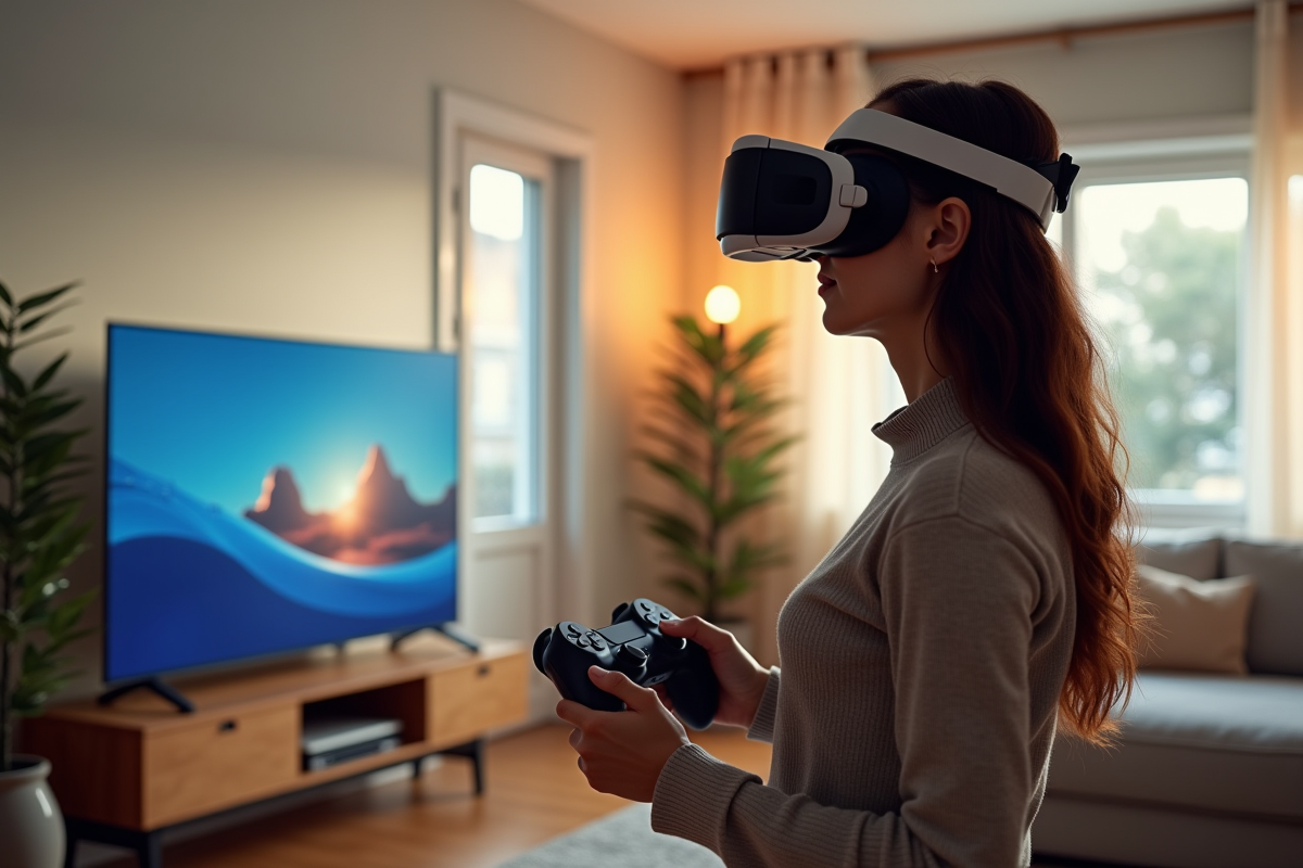 Salon moderne avec PlayStation 5 et personne en VR