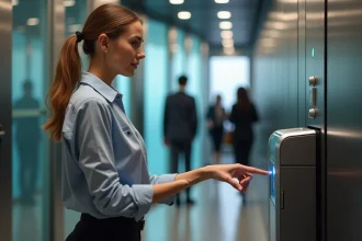 Jeune femme utilisant un scanner biométrique à l'entrée