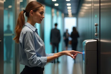 Jeune femme utilisant un scanner biométrique à l'entrée