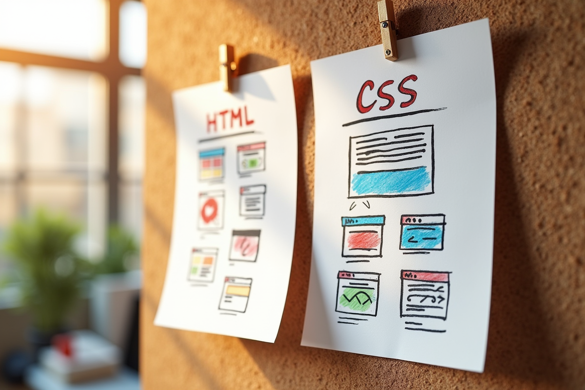 Schémas HTML et CSS épinglés sur un tableau dans un espace lumineux