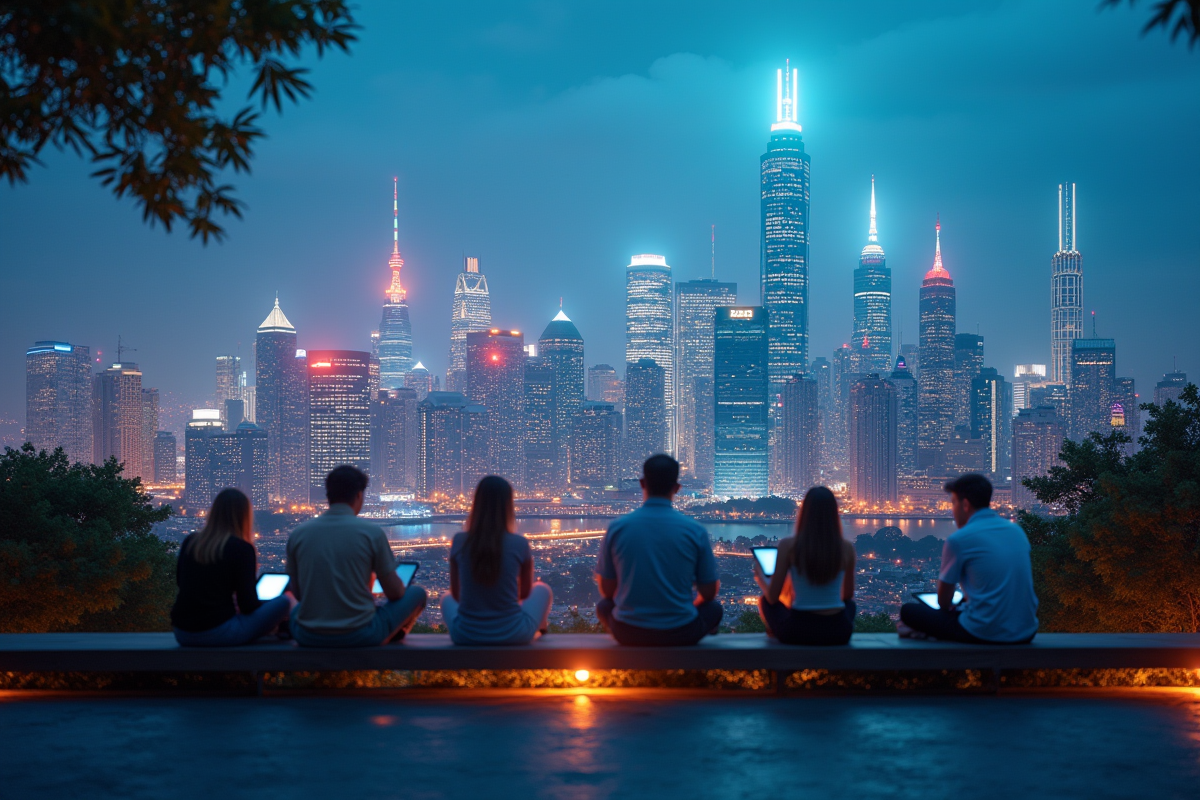 Vue d'une ville moderne avec antennes 5G et personnes utilisant des appareils