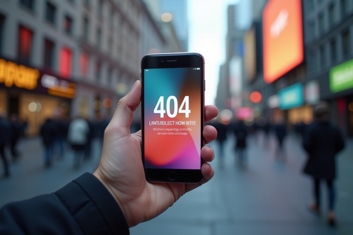 Smartphone avec une page erreur 404 colorée en milieu urbain animé