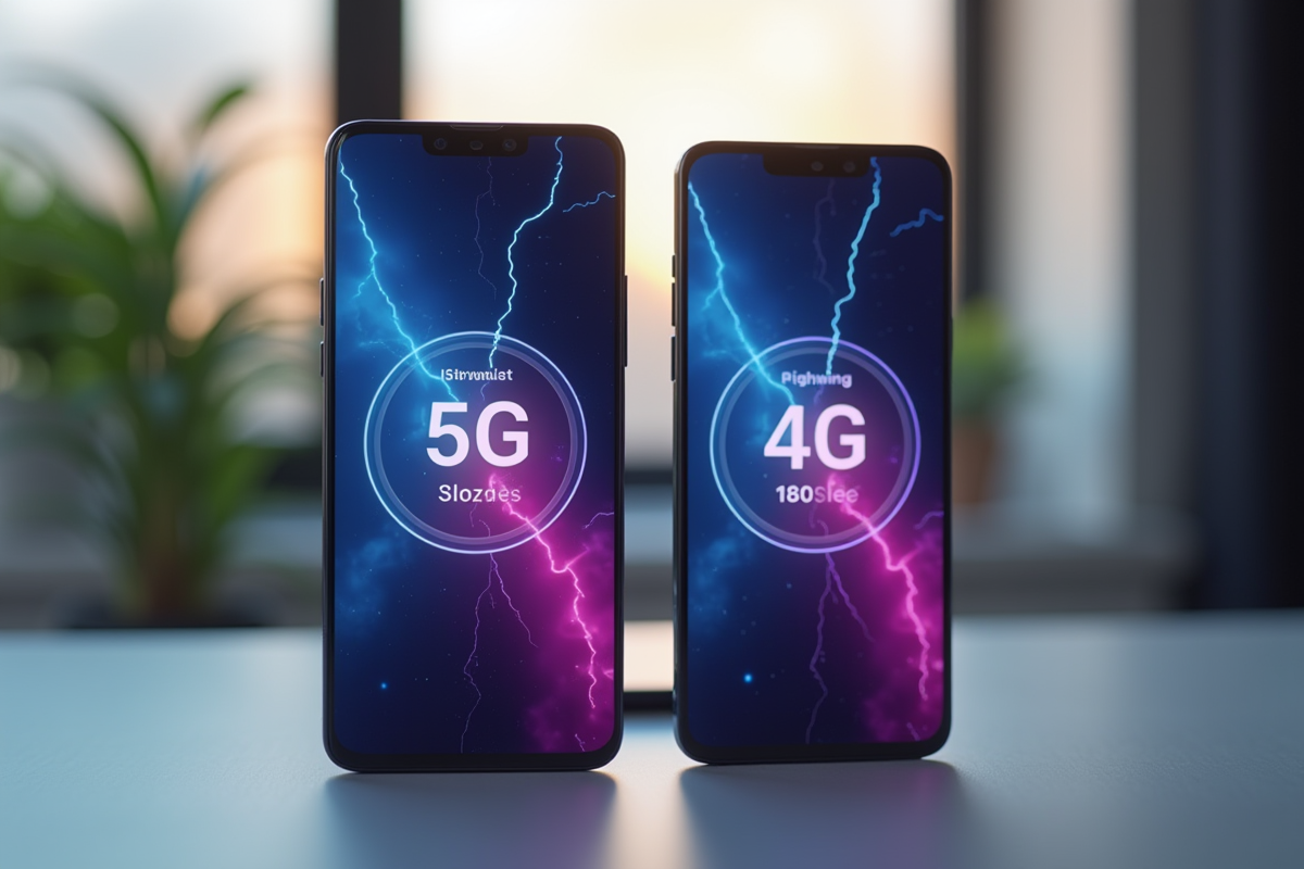 Deux smartphones modernes affichant un test de vitesse 5G et 4G