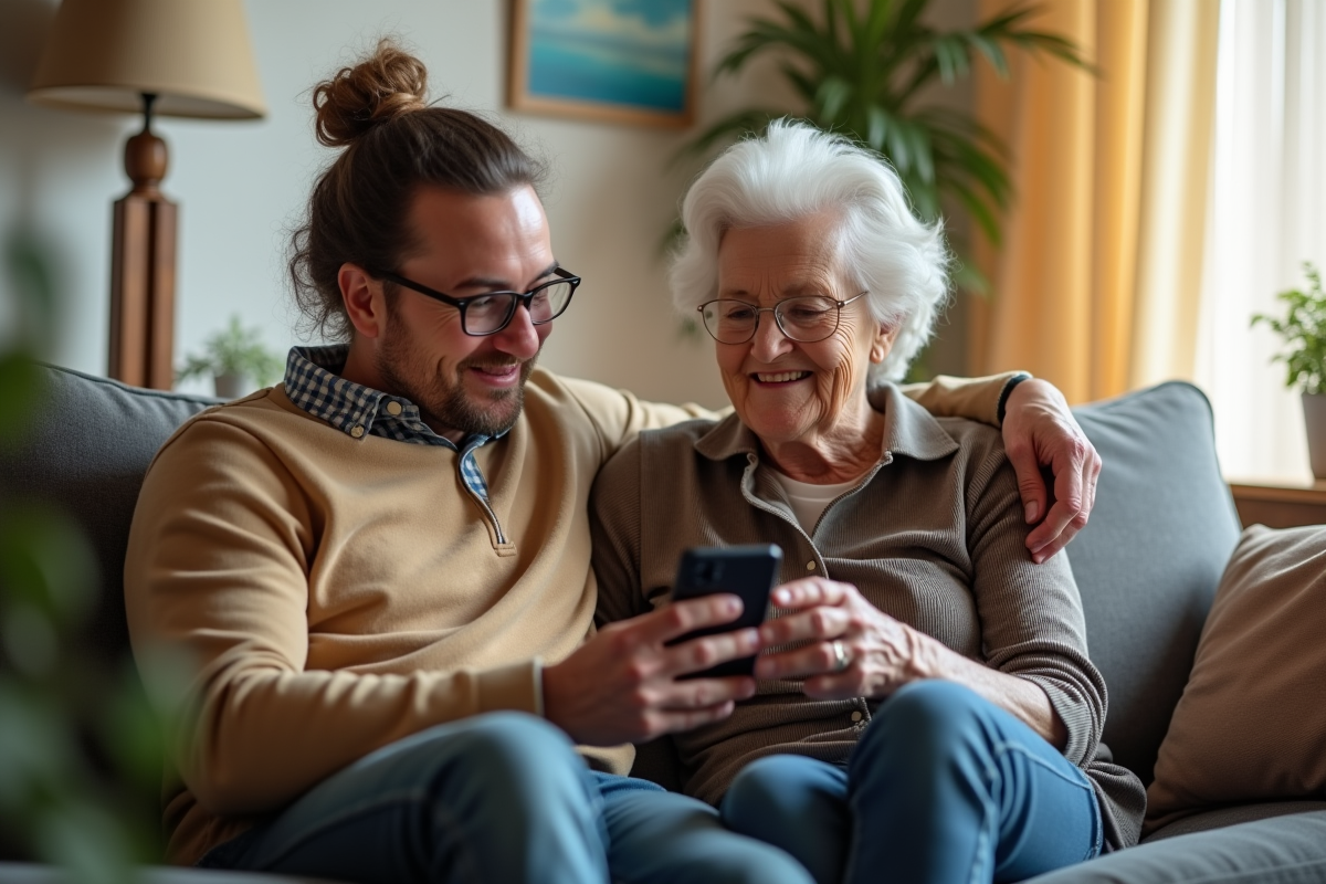 Jeune homme aidant une femme agee a utiliser un smartphone