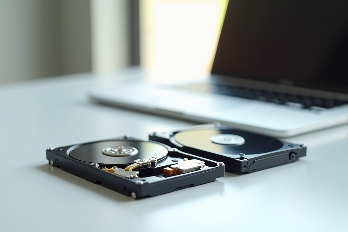 Disque SSD et HDD côte à côte sur un bureau blanc avec un ordinateur portable