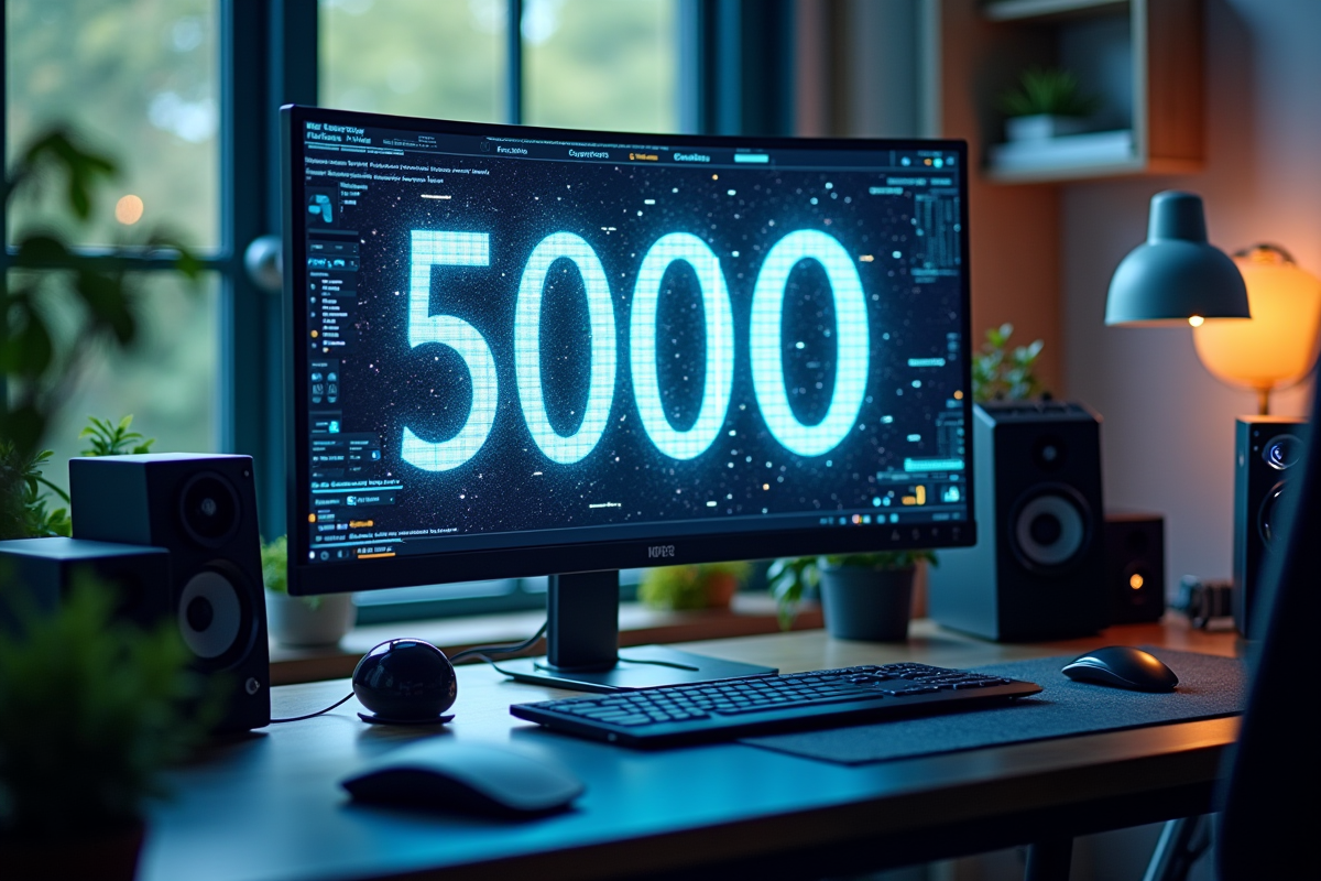 Bureau futuriste avec ordinateur affichant 5000 et gadgets modernes