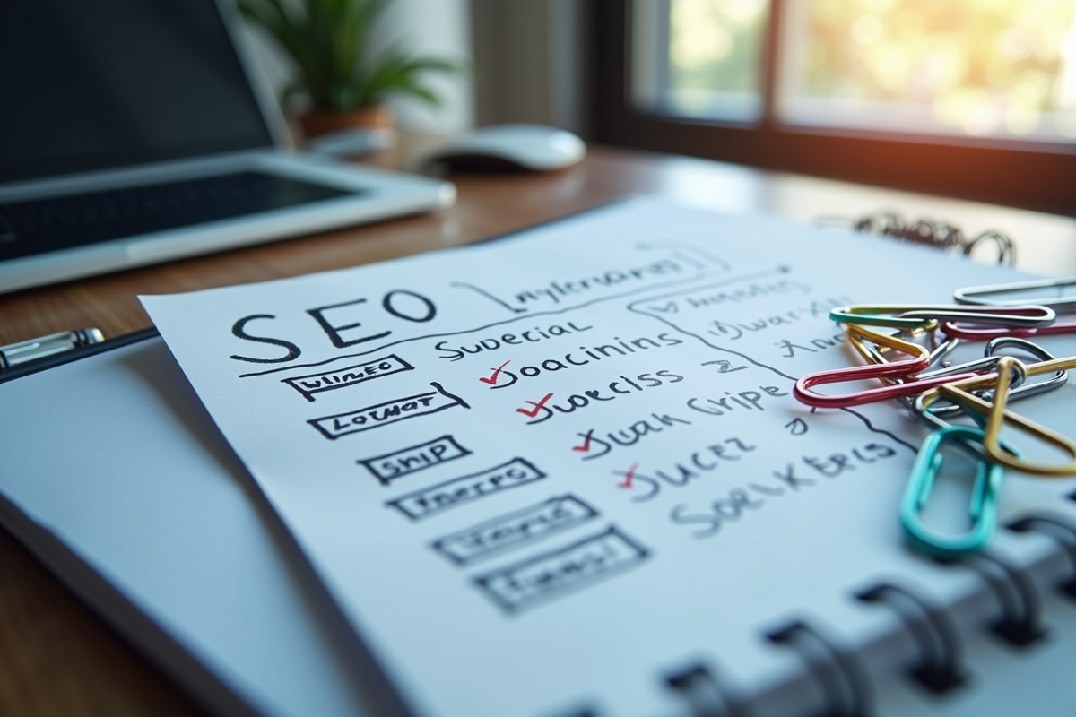 Carnet avec diagrammes SEO et notes de mots-clés dans un espace lumineux