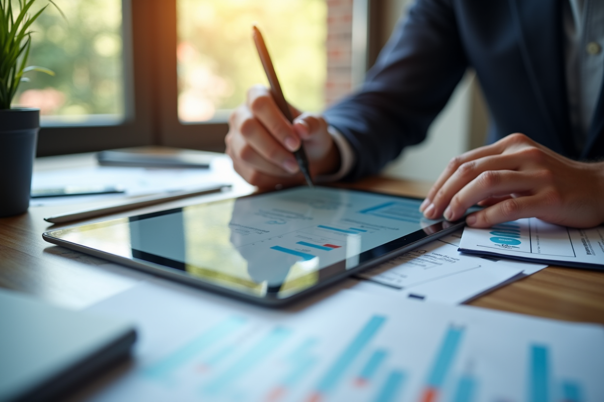 Tablette moderne sur bureau avec experts analysant des graphiques