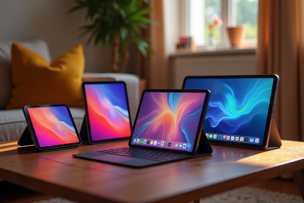 Plusieurs tablettes dernier cri avec interfaces colorées dans un salon