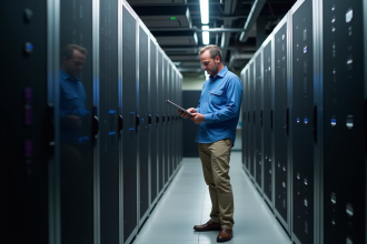 Technicien informatique vérifiant un serveur dans un centre de données moderne