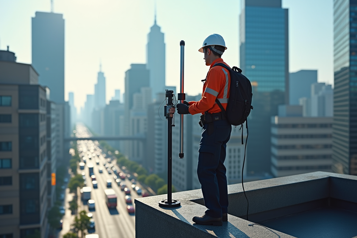 Technicien posant une antenne 5G sur un toit en ville
