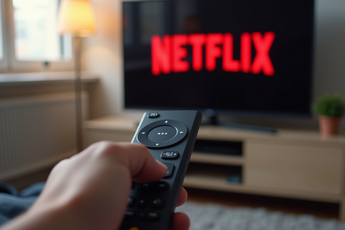 Zoom sur une télécommande de streaming avec logo Netflix