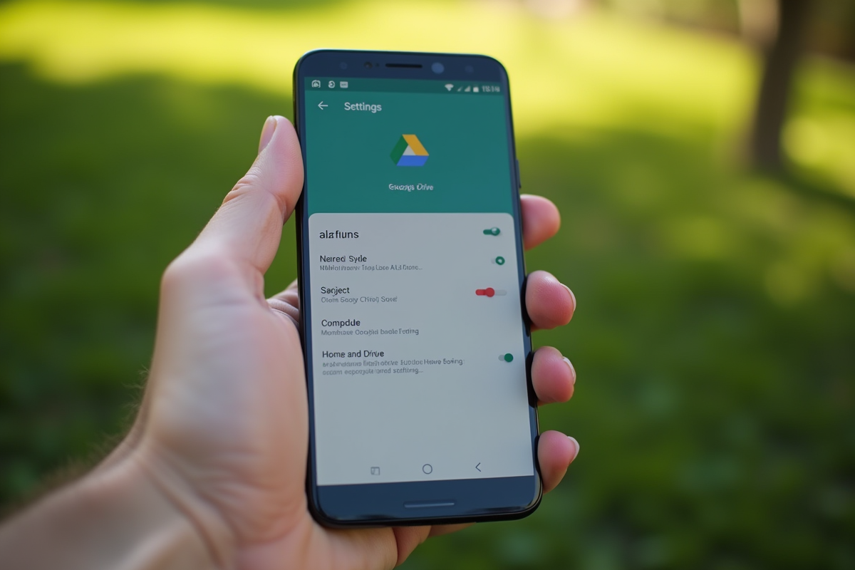 Main tenant un smartphone avec réglage de synchronisation Google Drive