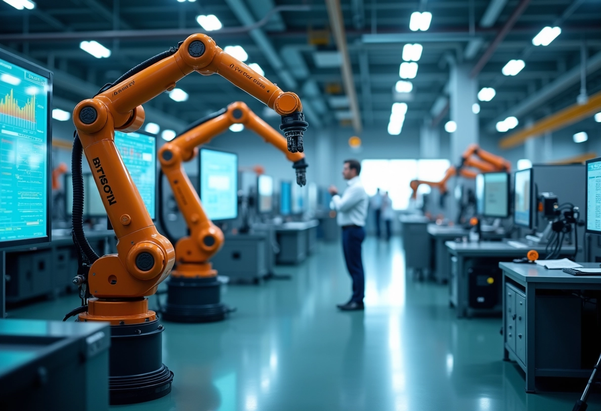 Usine futuriste avec robots et ingénieurs en environnement industriel