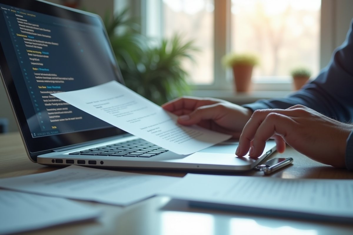 Personne utilisant un ordinateur portable et documents dans un bureau lumineux