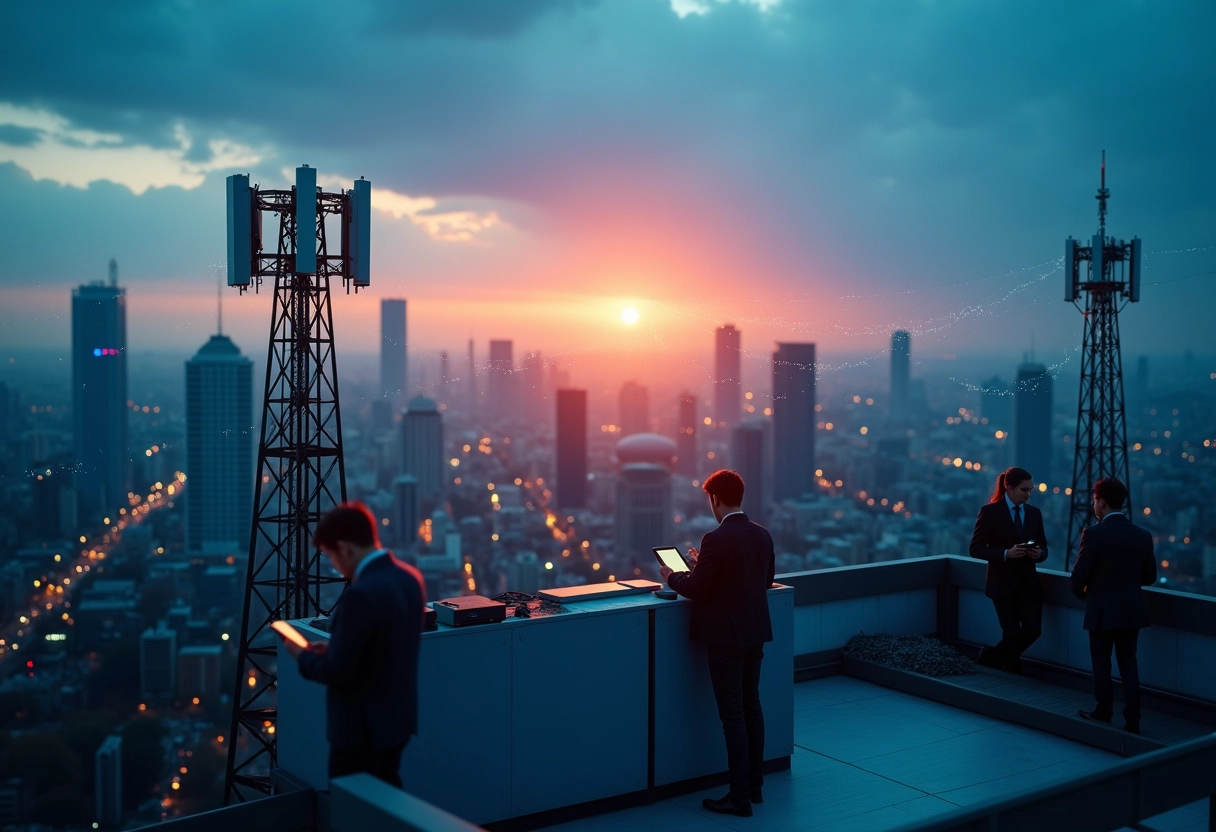 Paysage urbain au crépuscule avec signaux 5G et 4G sur les toits